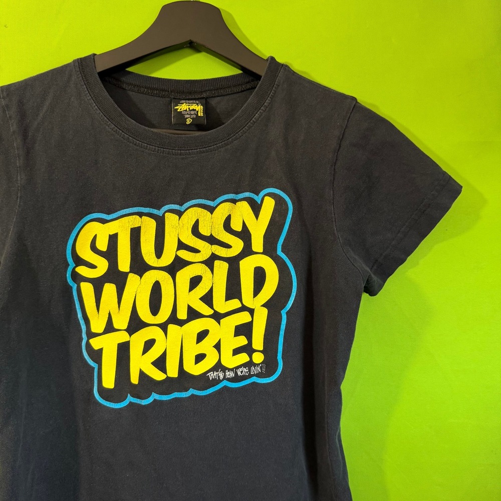 Stussy World Tribe Womens Streetwear Graphic T-Shirt Black Yellow Small